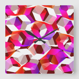 Relógio Quadrado Hexágonos brancos, vermelhos a rosa sobre fundo ve
