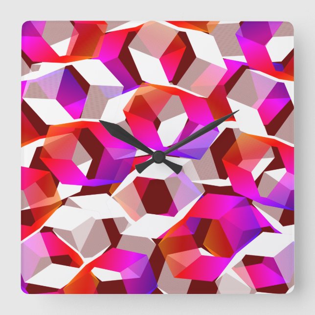 Relógio Quadrado Hexágonos brancos, vermelhos a rosa sobre fundo ve (Frente)