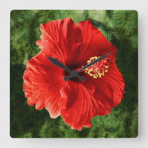Relógio Quadrado Hibiscus vermelho