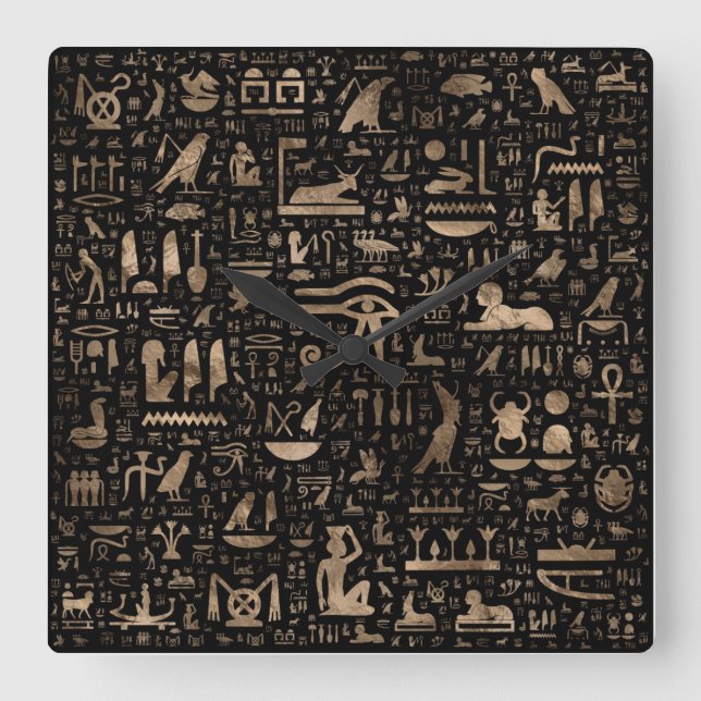Relógio Quadrado Hieróglifos Egípcios Antigos - Negro e ouro (Frente)