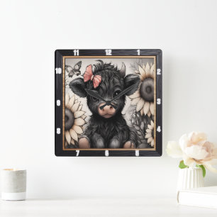 Relógio Quadrado Highland Calf Sunflower Arco