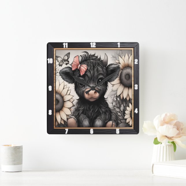 Relógio Quadrado Highland Calf Sunflower Arco (Lar)