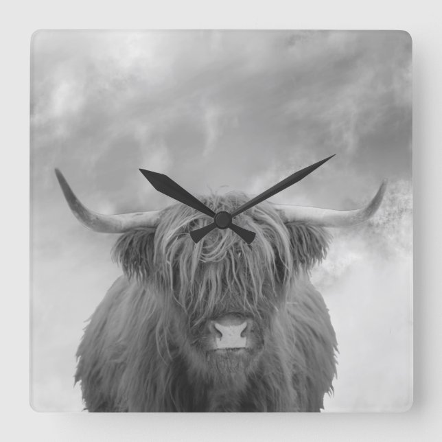 Relógio Quadrado Highland Cow Scotland Clouds Black White  (Frente)