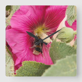 Relógio Quadrado Hollyhock bumble bee Square Wall Clock