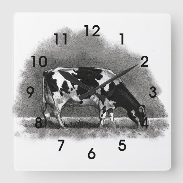 Relógio Quadrado Holstein Cow Grazing: Arte Lápis Original (Frente)