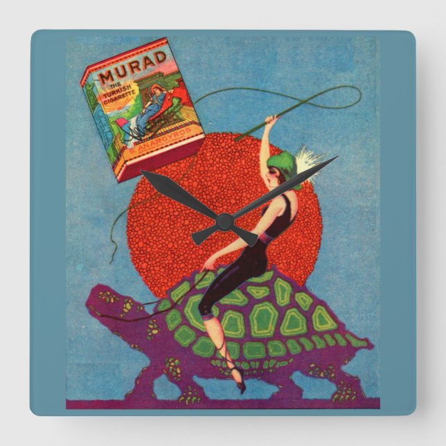 Relógio Quadrado Homad Cigarro senhora cavalgando tartaruga gigante (Frente)