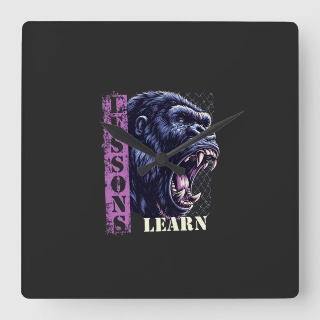 Relógio Quadrado Home Decor Angry Gorilla Lessons Learn Wall Clock (Frente)