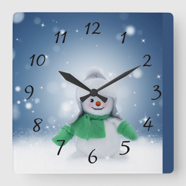 Relógio Quadrado Homem de neve com lenço verde pequeno (Frente)