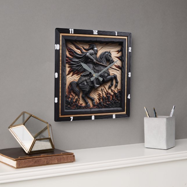 Relógio Quadrado Honra Medieval: Exibição de Madeira Esculpida (Escritório)