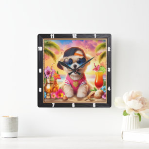 Relógio Quadrado Hora de Praia do Puppy para ouro Retriever