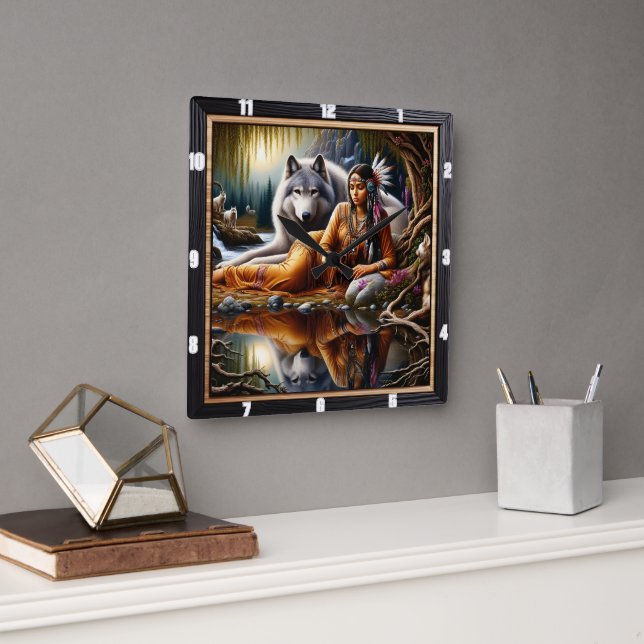 Relógio Quadrado Hora do Espírito Índio Nativo: Brilho de Campfire (Escritório)