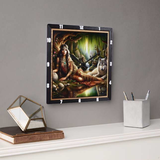 Relógio Quadrado Hora do Espírito Índio Nativo: Brilho de Campfire (Escritório)