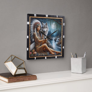 Relógio Quadrado Hora do Rio Índio Nativo: O Gaze do Protetor