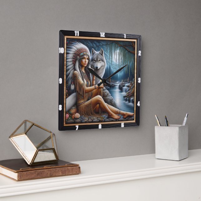 Relógio Quadrado Hora do Rio Índio Nativo: O Gaze do Protetor (Escritório)