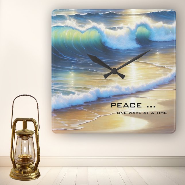 Relógio Quadrado Hora do Sonho das Ondas de Praia (Wall clock featuring a peaceful painting of a wave on the beach in the sun.)