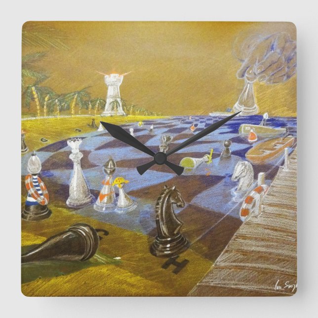 Relógio Quadrado Hora do Xadrez (Frente)