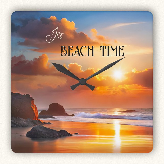 Relógio Quadrado Horário de Praia Colorida (Wall clock featuring a colorful painting of a sunset on the beach)