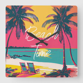 Relógio Quadrado Horário de Verão Praia Retro Surfer Palm Trees Sun