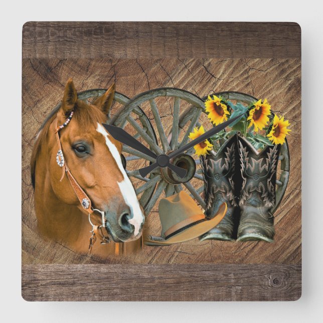 Relógio Quadrado Horse Cowboy Boots Vagão Girassol Roda Sunflower W (Frente)