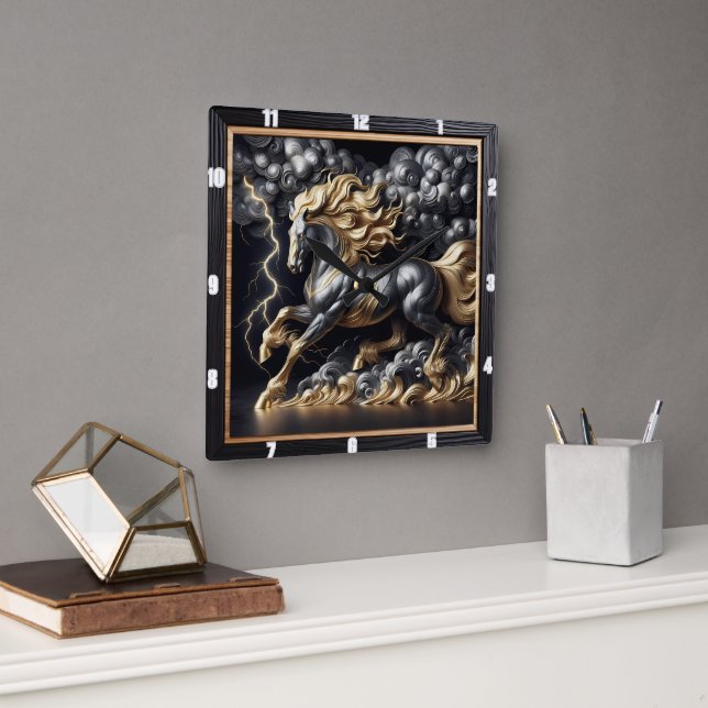 Relógio Quadrado Horse Percheron: Dourado Metal, Tempestade de Arte (Escritório)