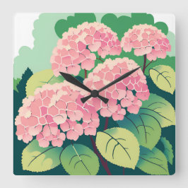 Relógio Quadrado Hortênsia Rosa Floral Botânica