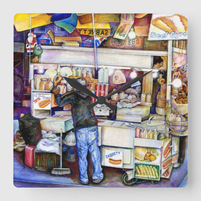 Relógio Quadrado Hot Dog God, New York (Frente)