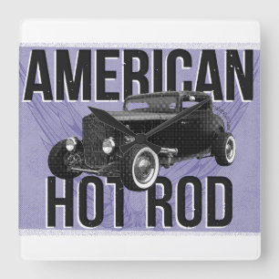Relógio Quadrado Hot rod americano. Pulso de disparo de parede azul