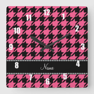 Relógio Quadrado Houndstooth preto cor-de-rosa conhecido