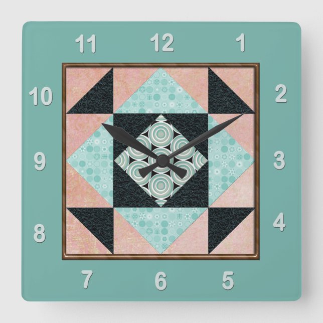 Relógio Quadrado Hourglass Patch Quilly Block Turquoise & Peach (Frente)