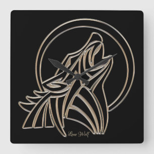 Relógio Quadrado Howling Lone Wolf Elegante Black Silver Cinza