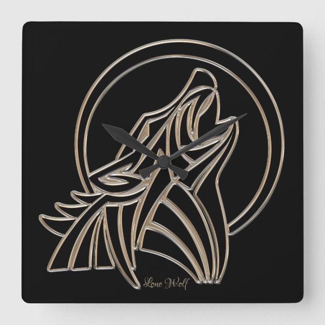 Relógio Quadrado Howling Lone Wolf Elegante Black Silver Cinza (Frente)