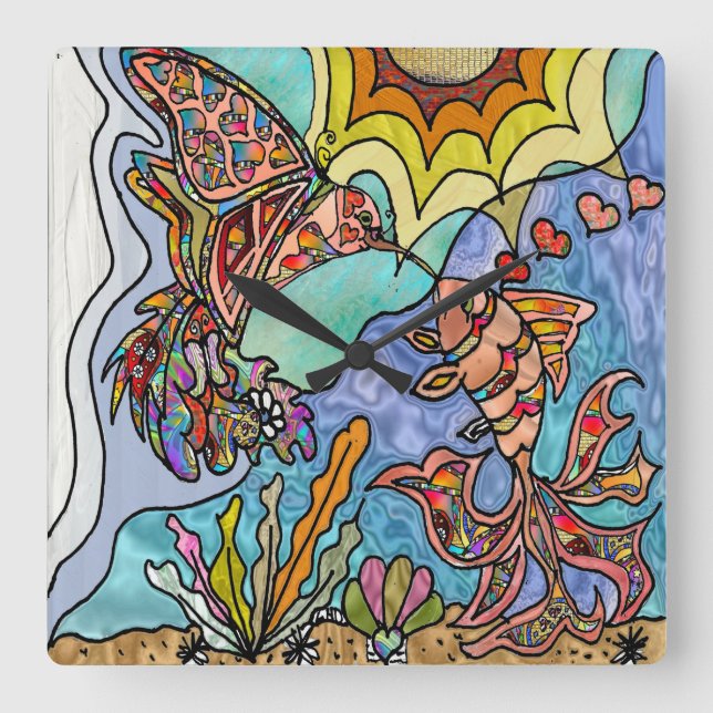 Relógio Quadrado Hummingbird Goldfish Reflexão Fantasy Wall Clock (Frente)