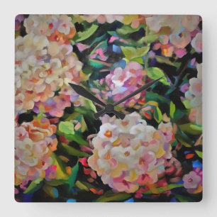 Relógio Quadrado Hydrangea Blossom Decorativo Arte Floral Rosa