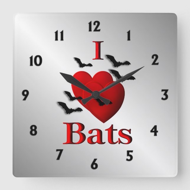 Relógio Quadrado I Heart Bats Wall Clock (Frente)