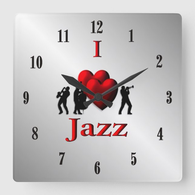 Relógio Quadrado I Heart Jazz Music Silver w Black Numbers (Frente)