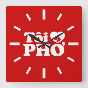 Relógio Quadrado I Heart (Love) Pho (Tôi9PHỞ) Língua vietnamita
