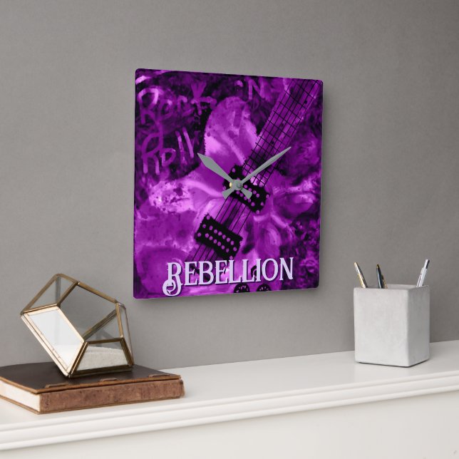 Relógio Quadrado I Love Rock 'N Roll Electric Guitar Personalized (Escritório)