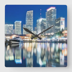 Relógio Quadrado Ideia da skyline com reflexão na água, Miami