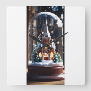 Relógio Quadrado "Igreja Encantada de inverno em um globo de neve"