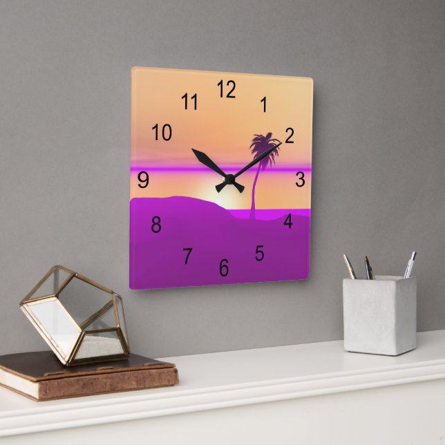 Relógio Quadrado Ilha Dourada e Roxo (Escritório)