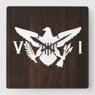 Relógio Quadrado Ilhas Virgens Americanas Flag White & Dark Wood