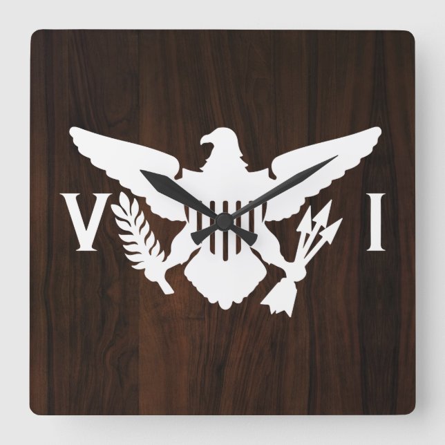 Relógio Quadrado Ilhas Virgens Americanas Flag White & Dark Wood (Frente)