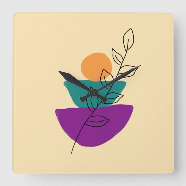 Relógio Quadrado Ilustração boho de folhas (Frente)