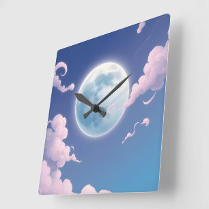 Relógio Quadrado Ilustração caprichosa e fofa da lua no céu noturno