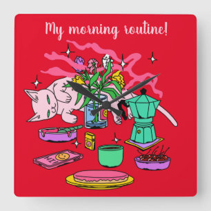 Relógio Quadrado Ilustração da mesa de café da manhã da Kitty Cat