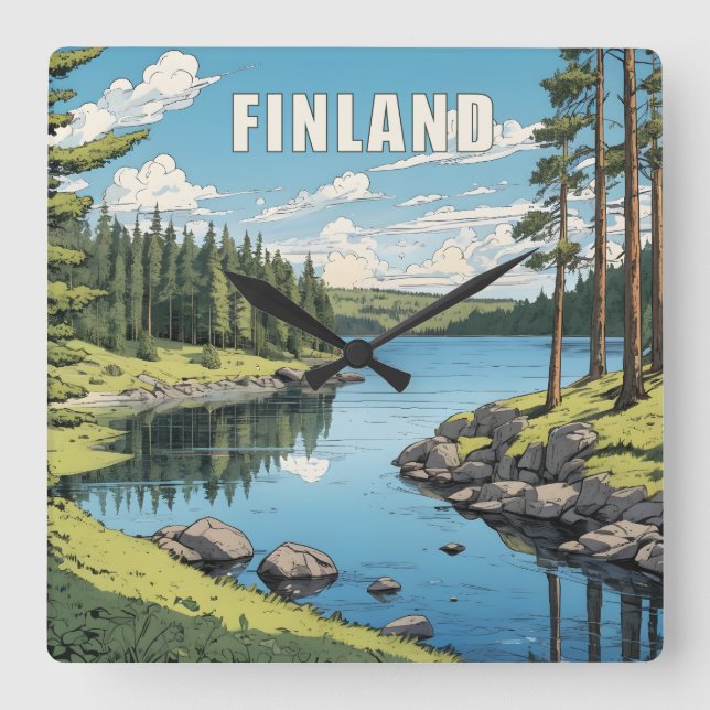 Relógio Quadrado Ilustração da Natureza na Finlândia (Frente)
