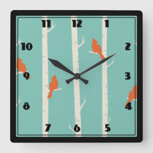 Relógio Quadrado Ilustração de Aves Laranja Retroativas em Árvor