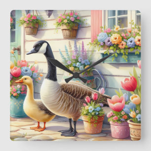 Relógio Quadrado Ilustração de Gansos de Jardim de Cottage na Prima