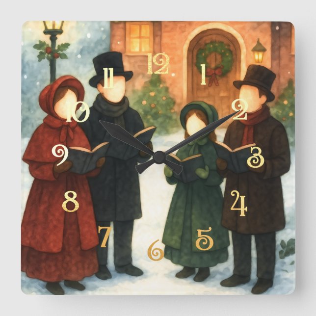Relógio Quadrado Ilustração de Storybook - Carolers de Natal sem ro (Frente)