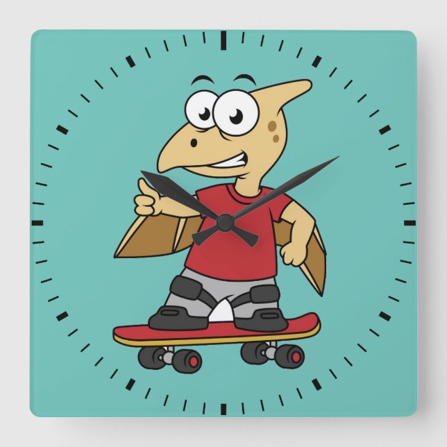 Relógio Quadrado Ilustração De Um Skate Pterossauro. (Frente)